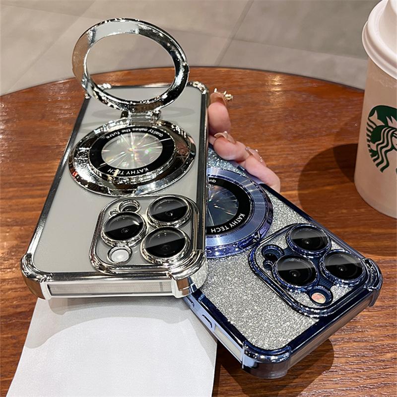 For iPhone 15 Pro Max Luxury Plating Magsafe Magnetic Stand Flash Phone Case For iPhone 11 12 13 14 16Plus Lens Protective Cover
