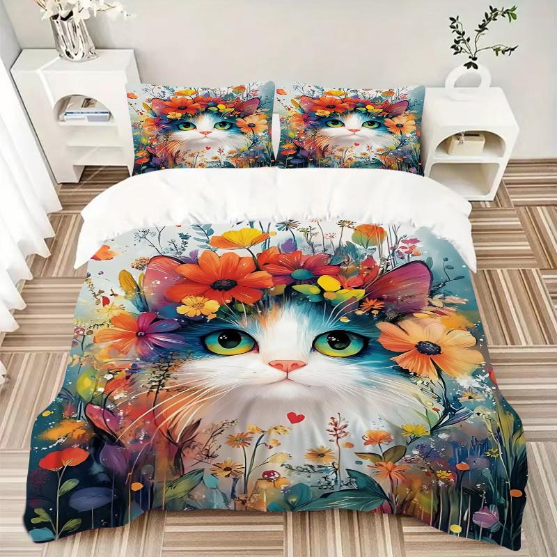 3pcs Cat Artwork Ideas Design Quilt Cover Set - Soft & Comfortable Polyester Fabric, All-Season Breathable Comforter Set For 1 Quilt Cover & 2 Pi