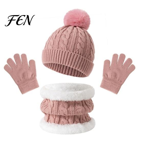 Thickened Warmth Set for Autumn Kids Winter Warm Knit Set, Bear Ear Hat, Fleece Lined Neck Gaiter & Five Finger Gloves Toddlers Full Gloves,