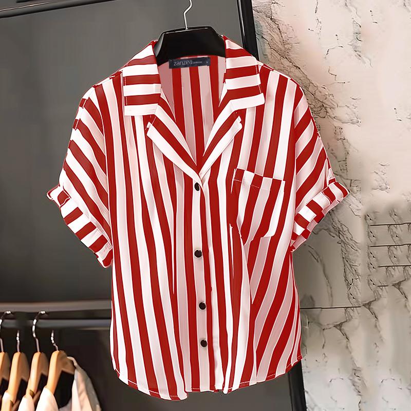 ZANZEA Женская повседневная летняя блузка в полоску с отложным воротником и коротким рукавом