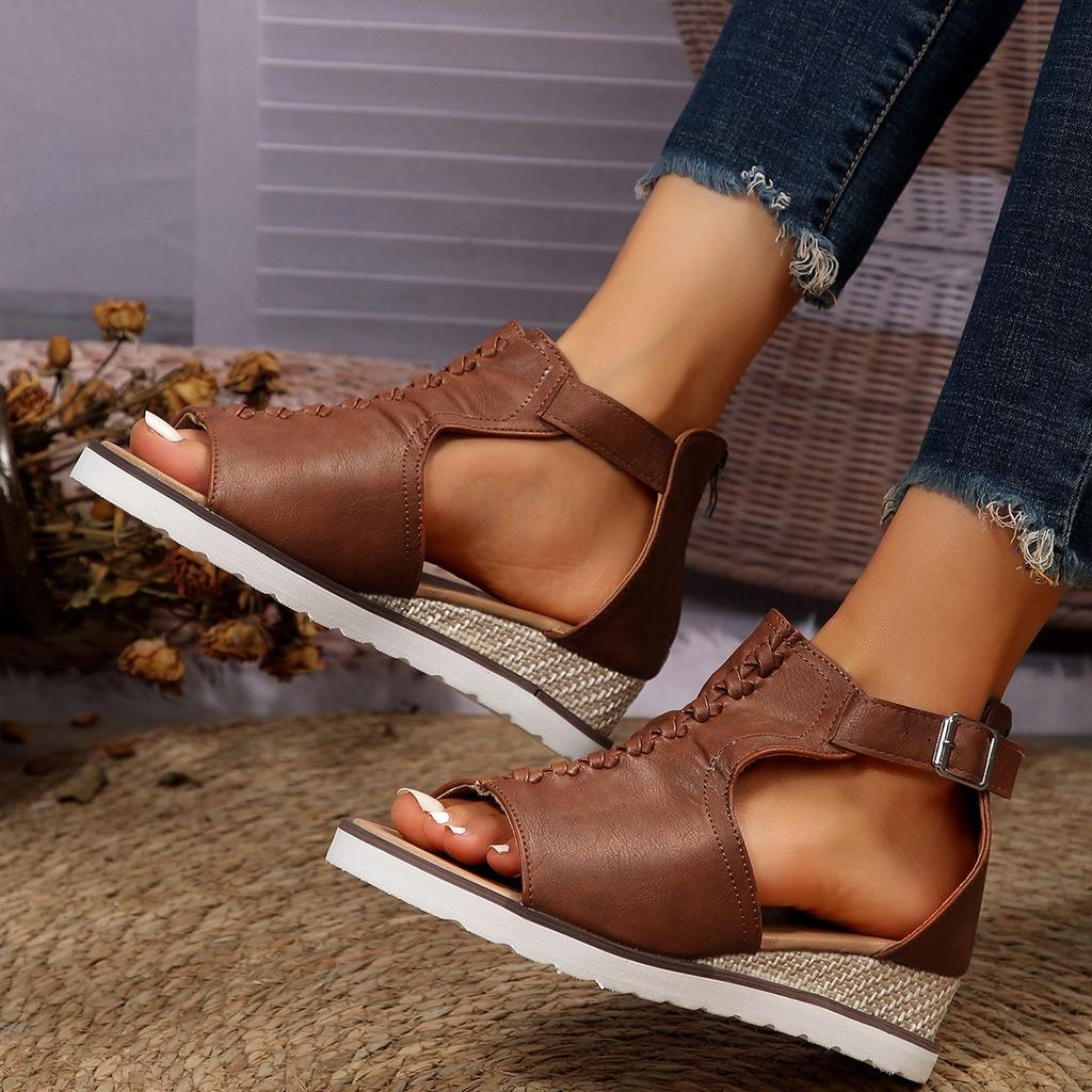 Foreign Trade Women's Shoes Rear Zipper Buckle Fish Mouth Wedge Heel Platform Sandals European and American Foreign Trade Hollow Buckle Open-toed Sand