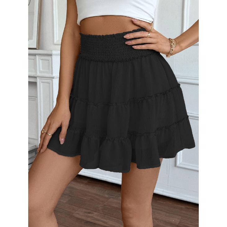 Women's Comfortable Casual Vacation Style Pleated Lotus Leaf Skirt Solid Color Elastic Waist Anti Glare Half Skirt for Women