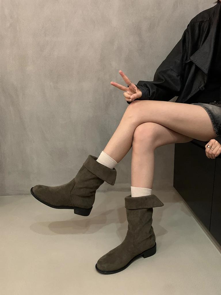 Модные женские сапоги на высоком каблуке с плиссе до середины голени, осенне-зимние женские модные кожаные сапоги в стиле вестерн, женские сапоги-ковбойши с острым толстым каблуком