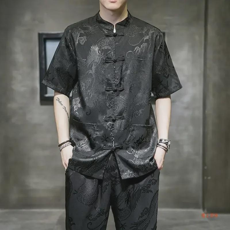 Pattern Chinese Style Dragon Mens Ice Silk Tang Shirt Short Sleeves Loose Fit