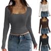 Women's Cotton Long Sleeve Lace Patchwork Navel-Exposed Square Neck T-Shirt