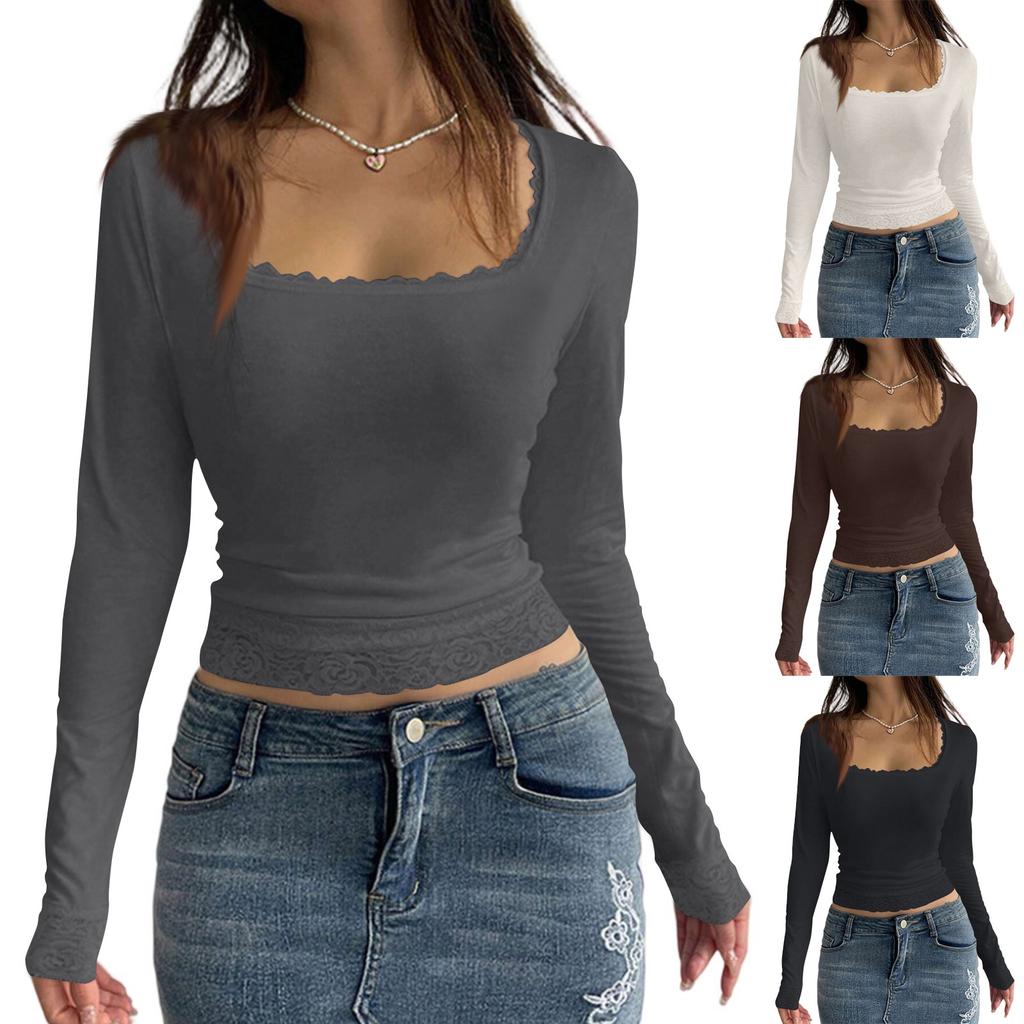 Women's Cotton Long Sleeve Lace Patchwork Navel-Exposed Square Neck T-Shirt