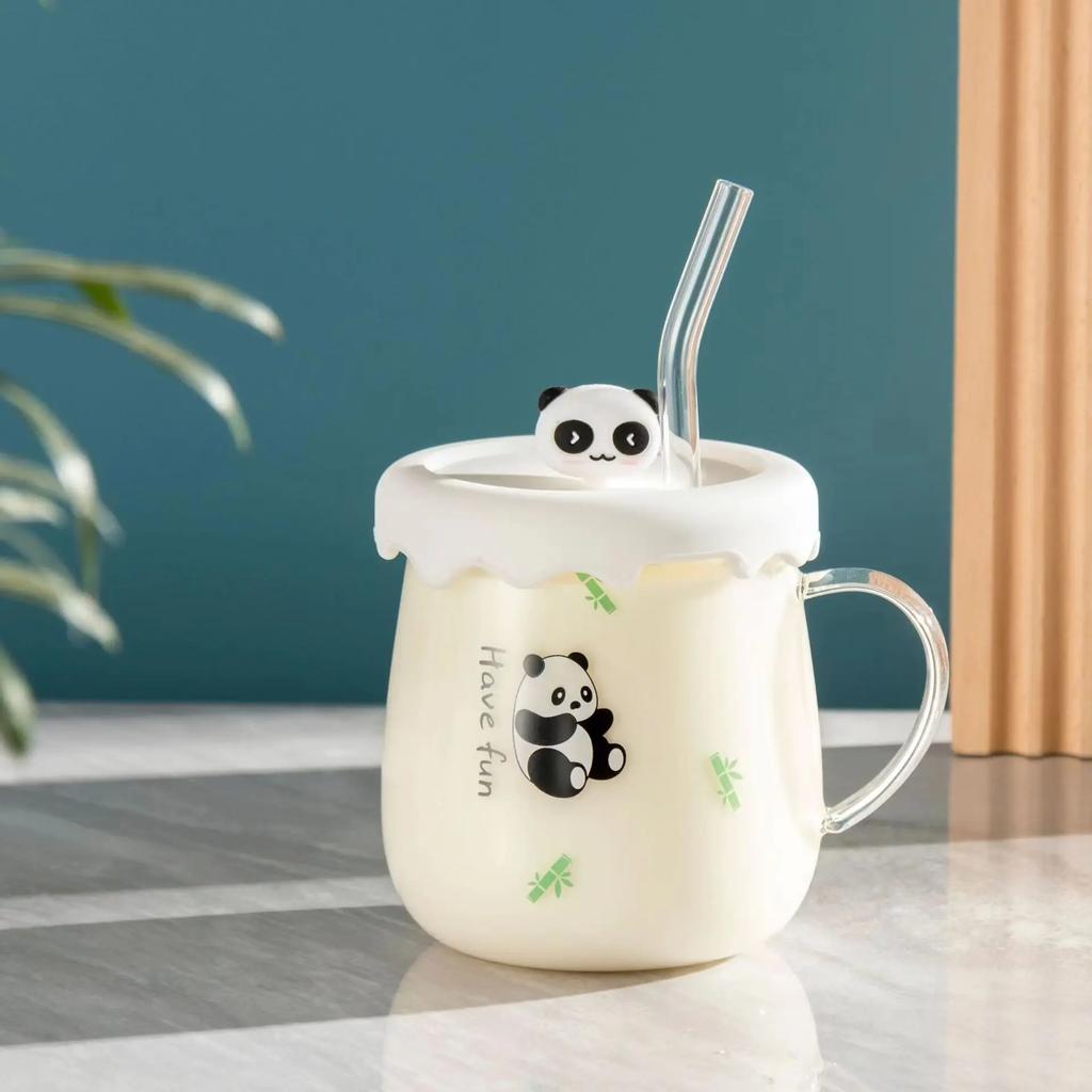 Kawaii Cups Милая стеклянная чашка в виде панды с соломенной крышкой Ложка Кофейная чашка для завтрака Пивная кружка Чашки и кружки Бесплатная доставка Питьевые стаканы