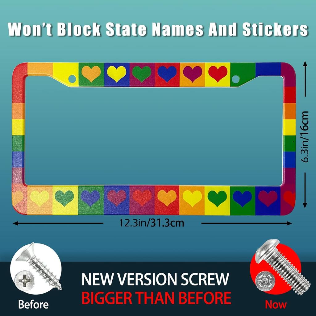 Gay Pride License Plate Frame LGBT Rainbow Heart License Plate Frame Car Tag Holders Aluminum Colorful Design License Plate Frame 2 Holes Auto