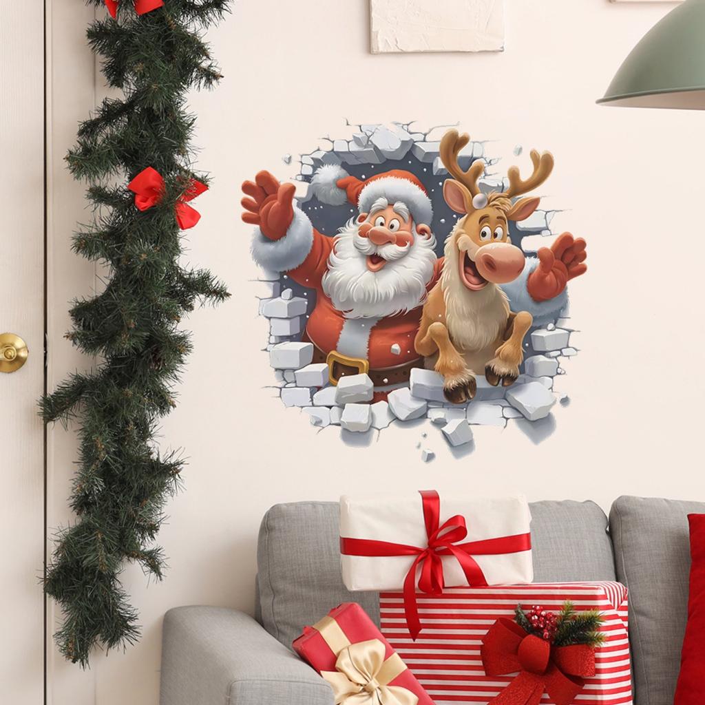 Christmas Wall Decals Peel And Stick 3D Wall Breaking Cute Wall Stickers Removable Winter Xmas Decor For Refrigerator Bedroom Living Room Home Chris