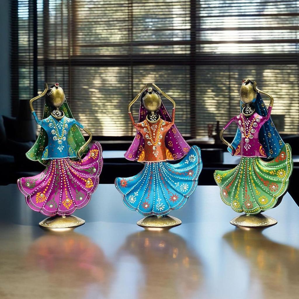 Set of 3 Metal Figurine Dancers Home Decor Item for Living Room, Bedroom, Wedding Festive Housewarming Gift Showpiece