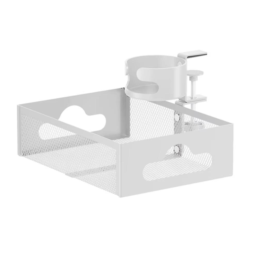 360 Degree Rotating Under Desk Storage Rack No Drill Carbon Steel Desktop Stationery Shelf Multifunctional with Cup Holder