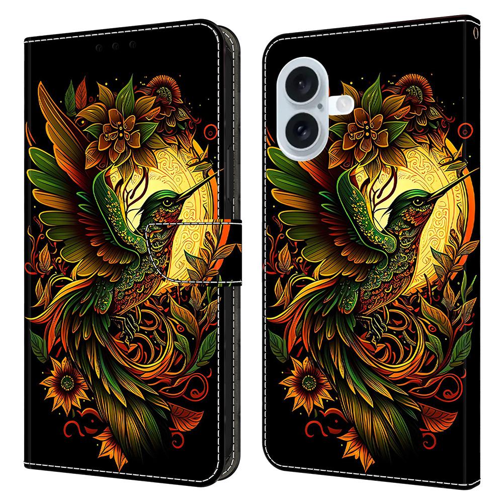 Для iPhone 16 Plus Кожаный чехол с печатью узора Кошелек-подставка Книжка-чехол для телефона