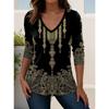 Women's Elegant V-neck Ethnic Retro Print Long Sleeve T-shirt Soft Polyester Perfect for Autumn and Winter Casual Wear Tops