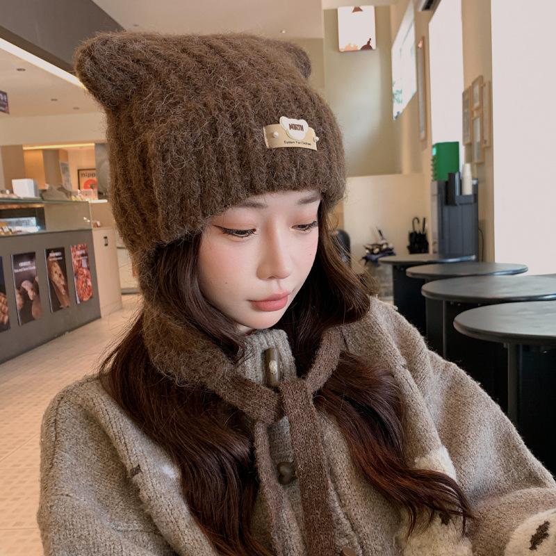 Cute ear hat women's autumn and winter warm windproof knitted hat sweet versatile ear protector small wool hat