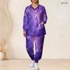 Women Plus Size Scrub Set V Neck Long Sleeve Butterfly Galaxy Printed Purple Blue Medical Uniform With Pockets