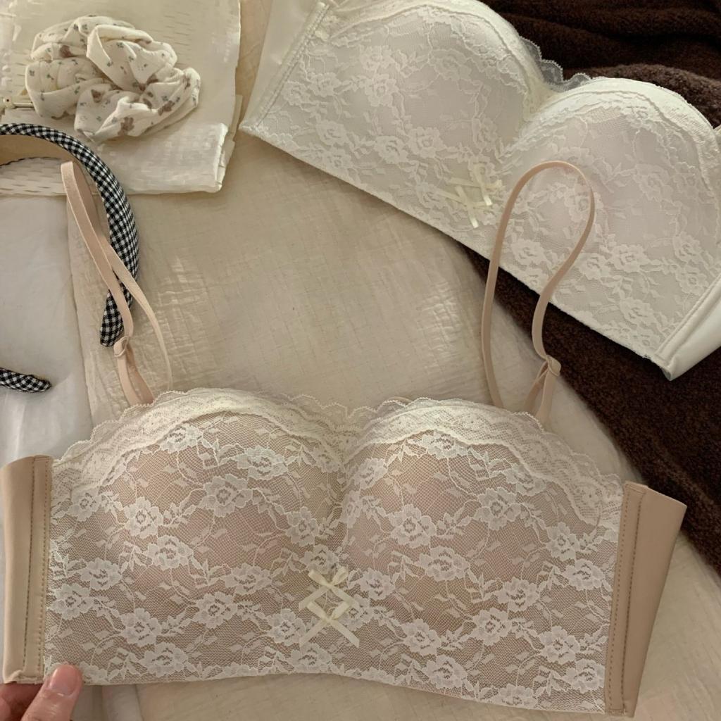 Lace tube top underwear women's small breasts gather and show large anti-light without steel ring upper support anti-sagging thin shoulder strap bra