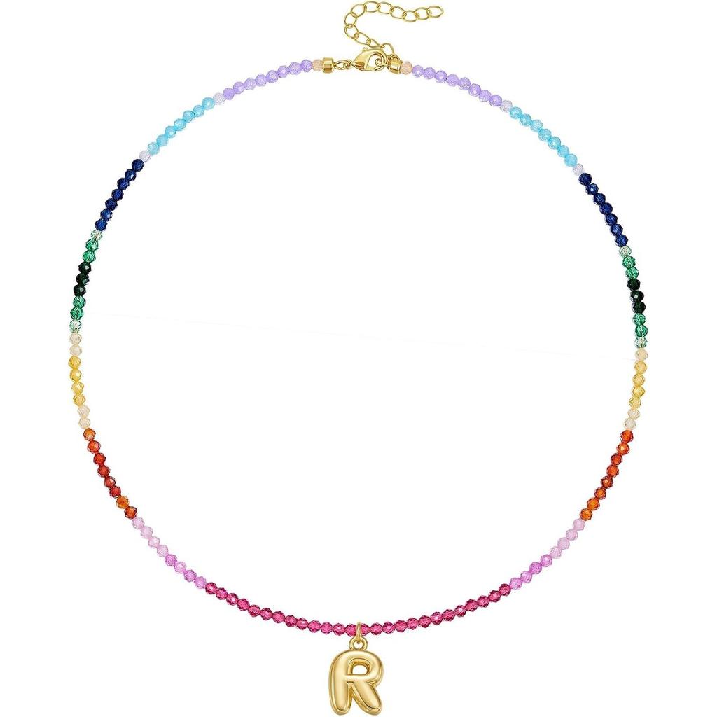Boho Beaded Initial Necklace for Women, 14K Gold Plated Letter Pendant Rainbow Gemstone Choker Colorful Summer Beach Jewelry