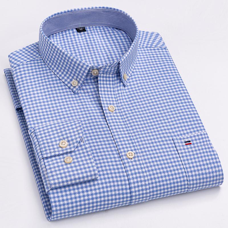 100% Cotton Men's Oxford Shirts Long Sleeve Casual Plaid Soft Regular Fit Formal Dress Shirt Social Blouse Male Clothes 7XL 6XL