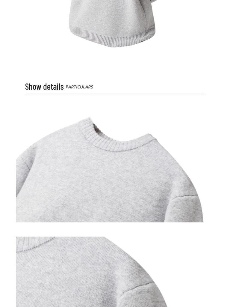 Men's Solid Color Round Neck Knit Sweater - Drop Shoulder, Warm, Versatile, Lazy Style, Thickened Outerwear for Spring and Autumn.