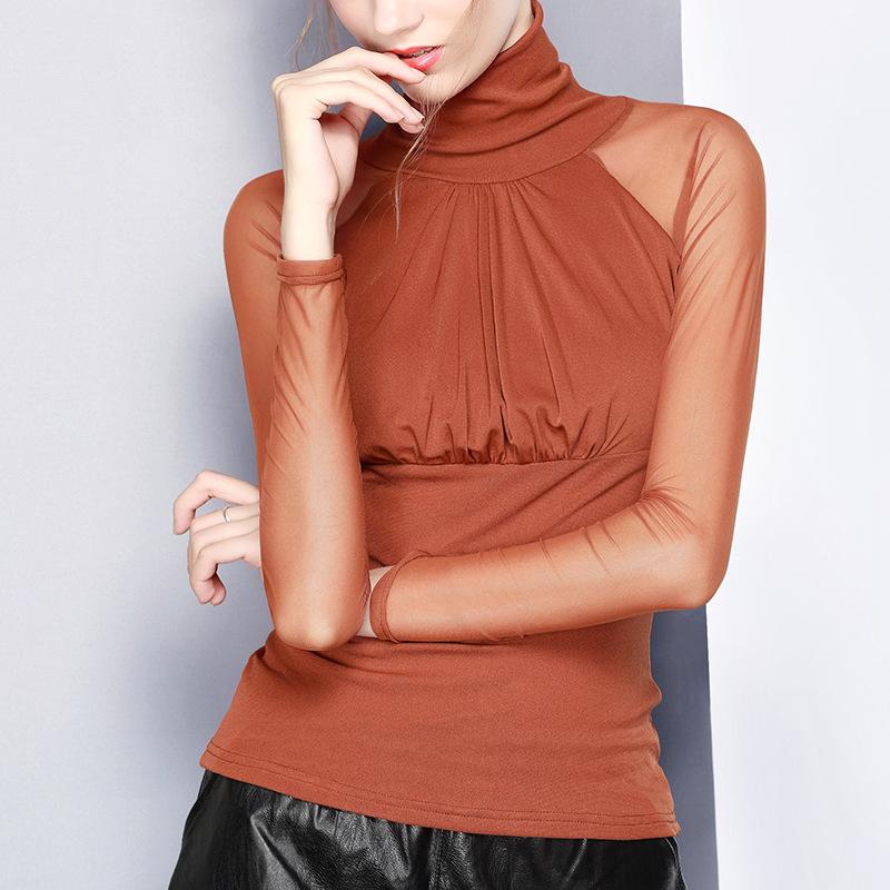 Black Pleated Mesh Turtleneck Bottoming Shirt Women's New Slim-fitting and Thin T-shirt Temperament Thin Long-sleeved Top