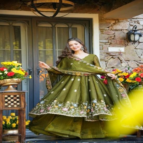 Enchanting Floral Embroidered Anarkali Gown Sets with Border Dupatta