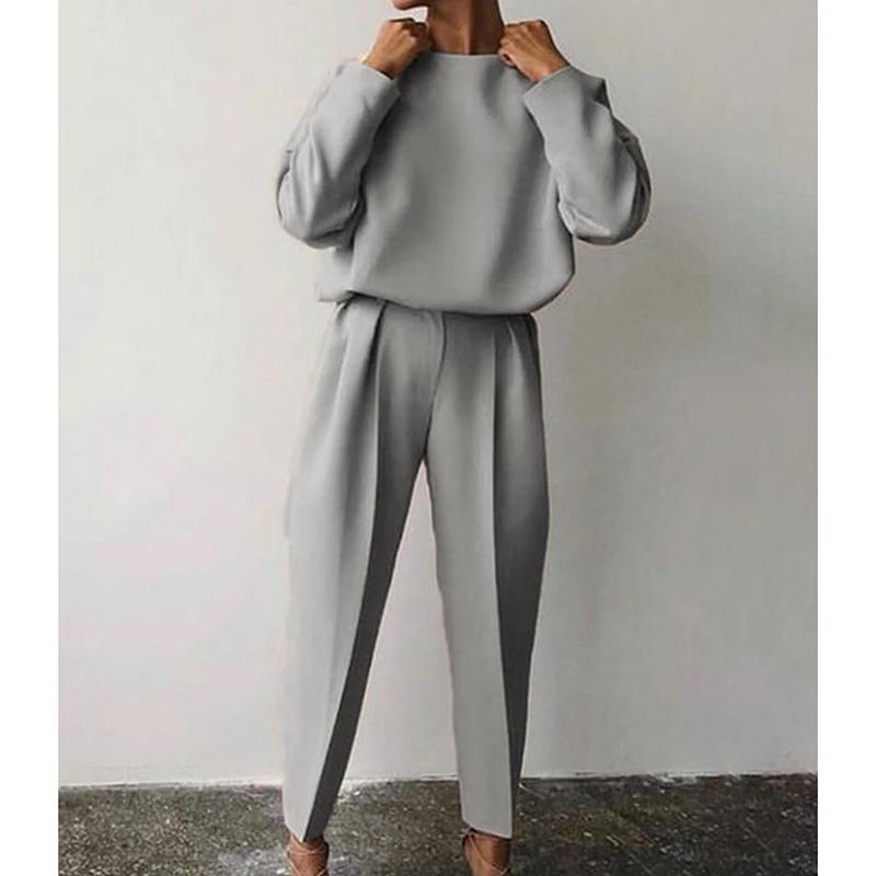 Женский элегантный однотонный комплект из 2 предметов, повседневный пуловер с круглым вырезом, топы, длинные брюки, костюм, женская мода, свободная одежда, уличная одежда