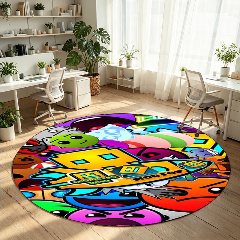 Geometry Dash Printed Round Crystal Velvet Rug Soft Non Slip Floor Carpet For Bedroom Holiday Gift