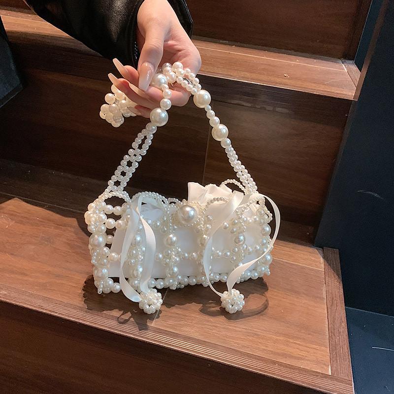 Girls Fashion Mini Woven Crossbody Bag With Pearl Accents And Phone Compartment