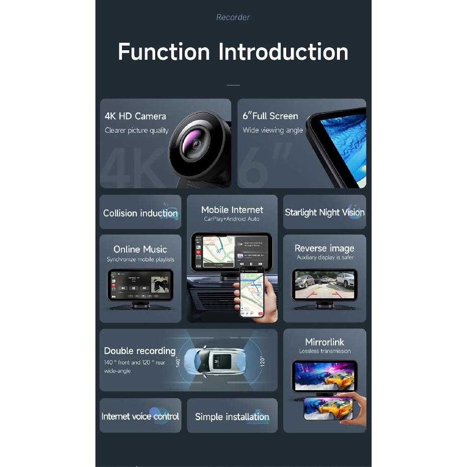JIUYIN 4K HD DVR 6 inch Universal Car Radio Multimedia Navigation Wireless CarPlay Android Auto Mirror Music Player