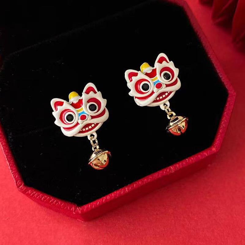 Chinese Style Red Little Lion Bell Pendant Earrings for Women The Year of The Dragon Gift New Year Festive Jewelry Gifts
