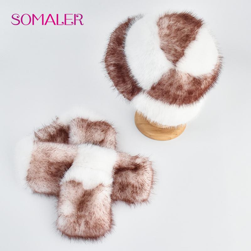 SOMALER Красочная шапка из искусственного меха, шарф, комплект, теплые женские шапки из искусственного меха с шарфами