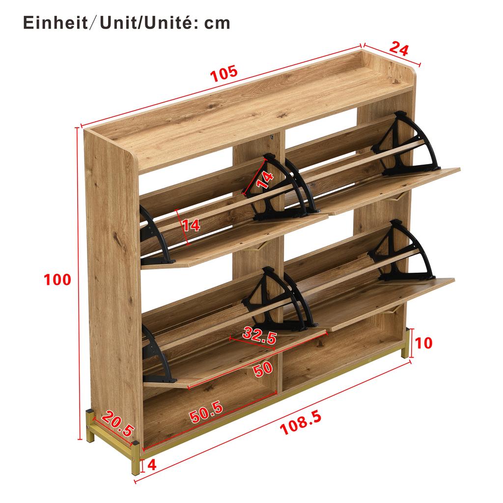 Elegant Wooden Shoe Cabinet with Rattan Doors – 4 Doors, Metal Frame and Top Shelf for Stylish and Organized Storage.