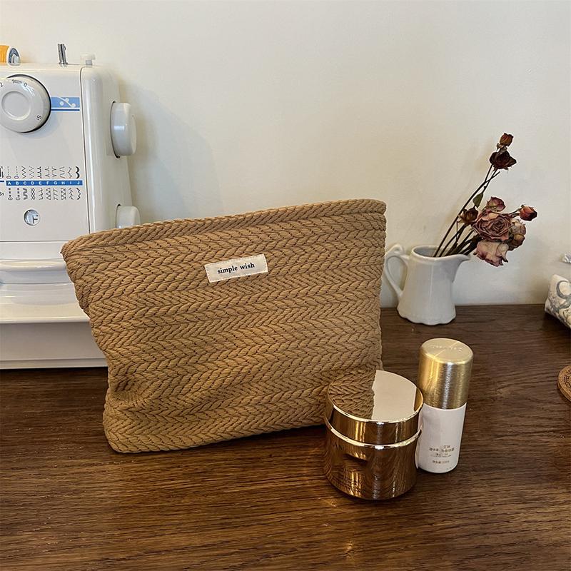 Rice Grain Pattern Woven Fabric Handbag, Women'S Travel Cosmetic Storage Organizer, Makeup Pouch, Zipper Closure, Toiletry Bag