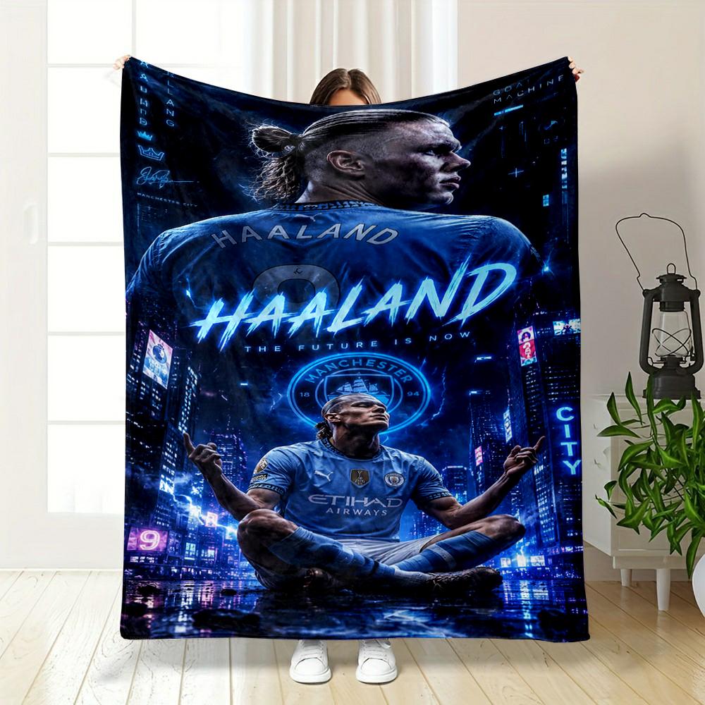 "Haaland Manchester City Blue Design printed Flannel blanket for bedroom, living room, sofa, and nap"