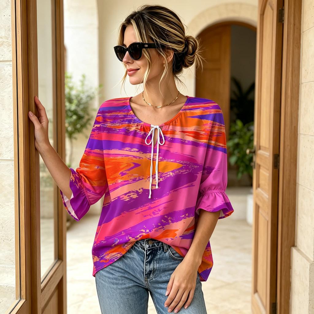 Women's V-neck Tie Front Ruffle Sleeve Blouse, Purple Orange Abstract Stripe Print Casual Top