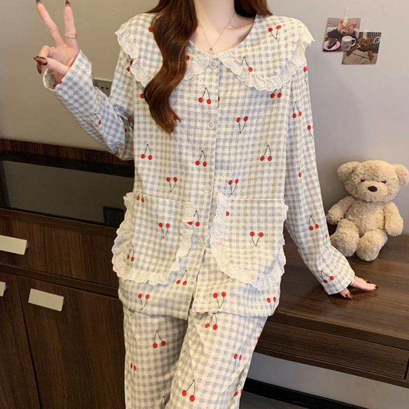 Ретро-точки, клетка, вишневый принт, кружево, женская пижама, мода, литературный шик, кукольный воротник, домашняя одежда, весна, новинка, облачный хлопок, для отдыха