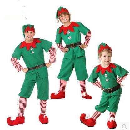 Kids Christmas Elf Costume, Adult Green Xmas Cosplay Suit for Family Matching Party Dress