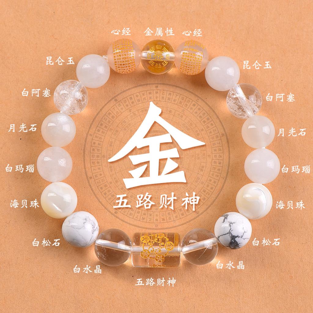 Natural crystal five elements bracelet for balancing wood element, featuring the Five Paths of Wealth God and Heart Sutra, with multiple treasures of