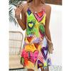 Heart Print Cami Dress, Vacation Casual V Neck Sleeveless Dress For Summer, Women's Clothing