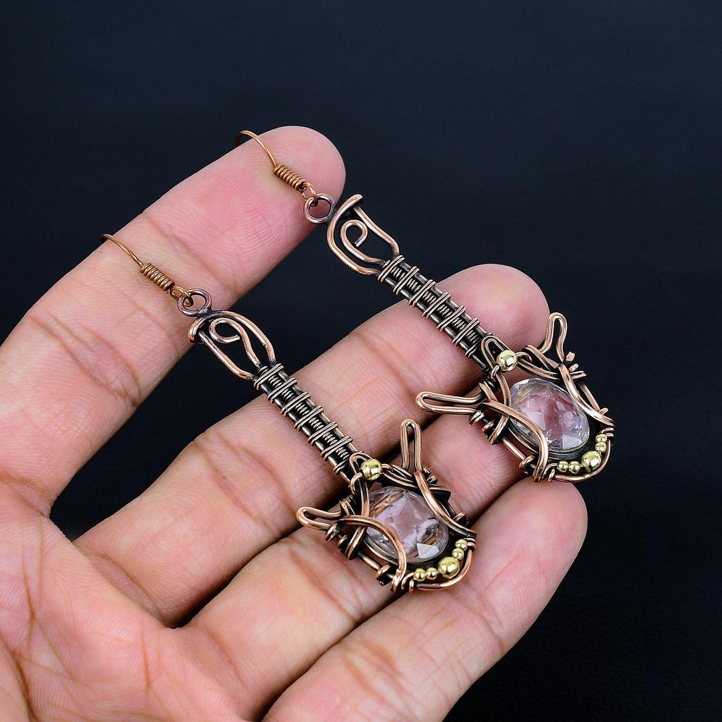 Серьги с розовым кунцитом, ювелирные изделия с драгоценными камнями, серьги, обернутые медной проволокой 999 пробы, ювелирные изделия ручной работы, серьги с камнем-талисманом, подарок для него