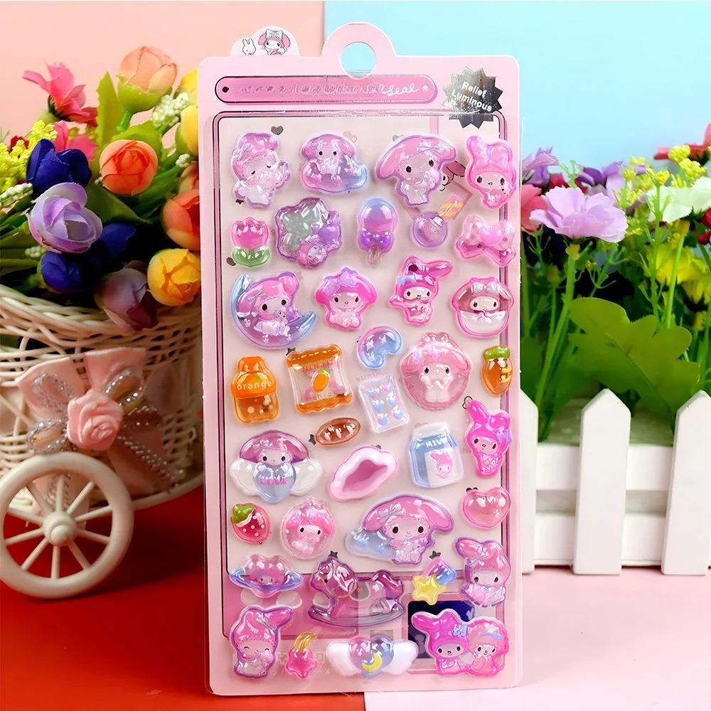 Светящиеся милые 3D рельефные наклейки Sanrio Кавайные для девочек Куроми Циннаморолл Моя Мелоди Хрустальные наклейки Наборы наклеек для детского декора