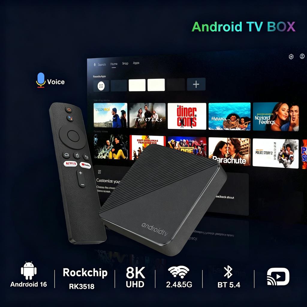 Android 16 T8 Smart TV Box Dual UI Dual WiFi 6 RK3518 BT 5.4 8GB 128GB Voice Remote HDR 4K 8K Media Player Android Set Top Box