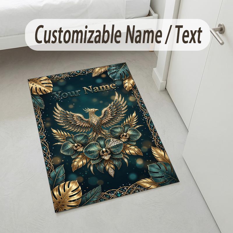 Dragon Phoenix Theme Crystal Velvet Rug Personalized Custom Name Text Soft Floor Mat Home Decor