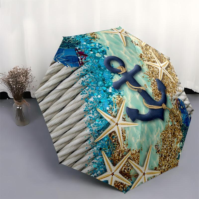 1pc Nautical Coastal Decor Anchor Starfish Rope Umbrella with Plastic Handle,Suitable for All Seasons Home Travel Outdoor UmbrellaDD1586