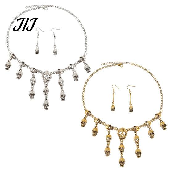 Alloy Necklace Set Halloween Skull Jewelry for Women, Tassel & Spooky Theme Dangle Earrings, Punk Gothic Accessories Costume Party Dark Aesthetic