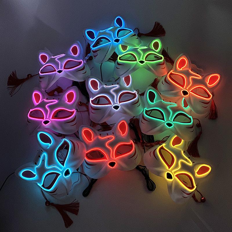Halloween Luminous LED Mask Japanese Neon Cat Fox Face Cosplay Mask Glow In Dark Masquerade Adult Headgear Mask For Party