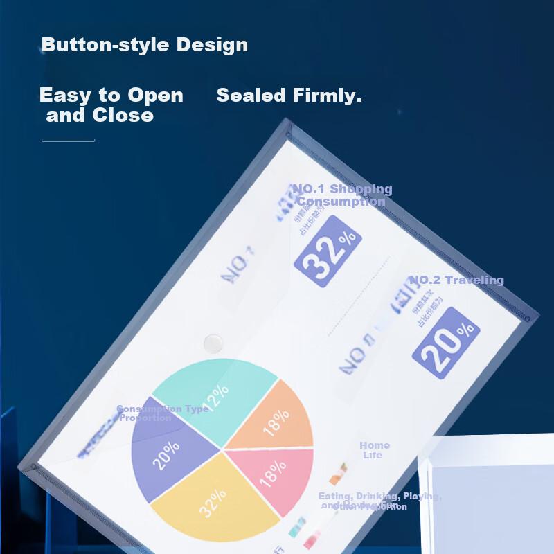 20-Pack A4 Button Closure Transparent File Folders, Waterproof Document Sleeves, Invoice Management Exam Paper Storage Subject Classification