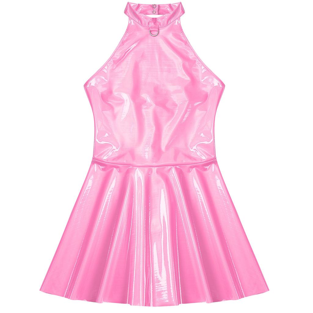 Womens Glossy Patent Leather Sleeveless Dress A-Line Mini Party Dress Clubwear Nightclub