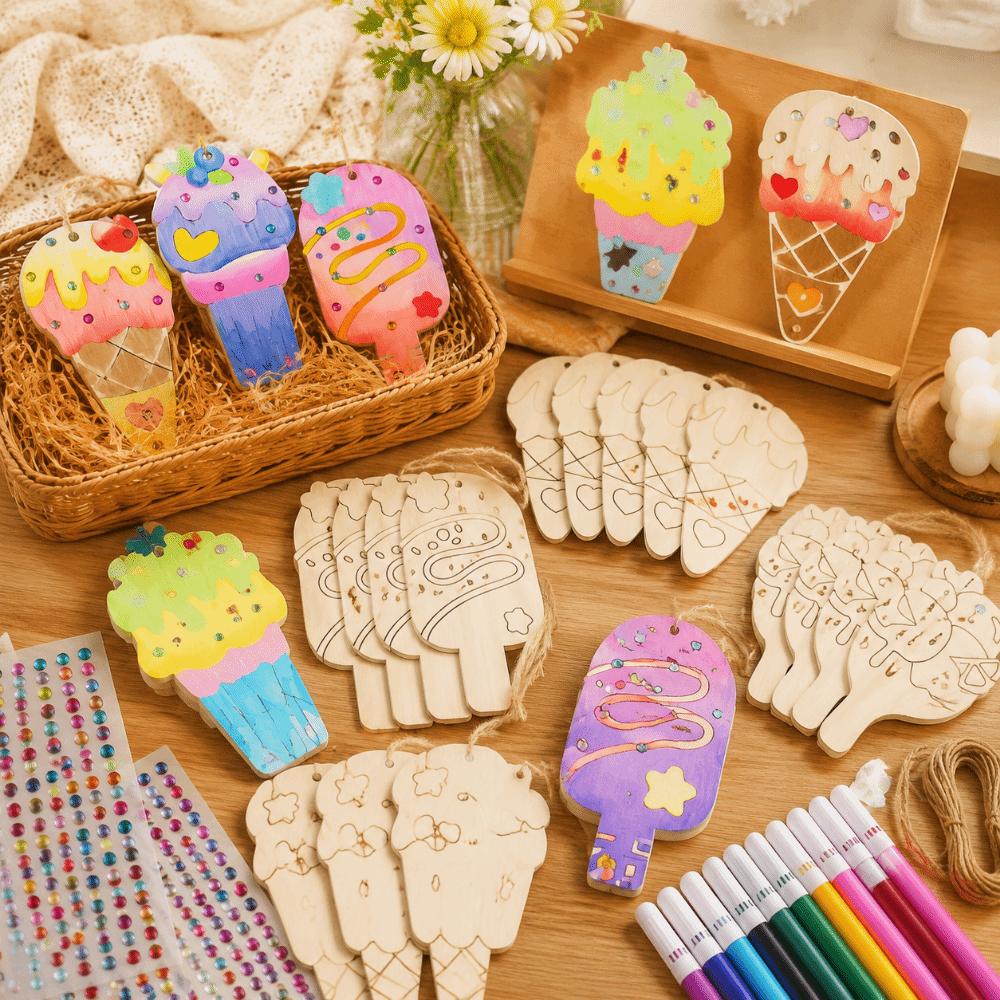 Wooden Ice Cream Graffiti Kit Hanging Decor Ice Cream Pendant DIY Graffiti Set Party Photo Props