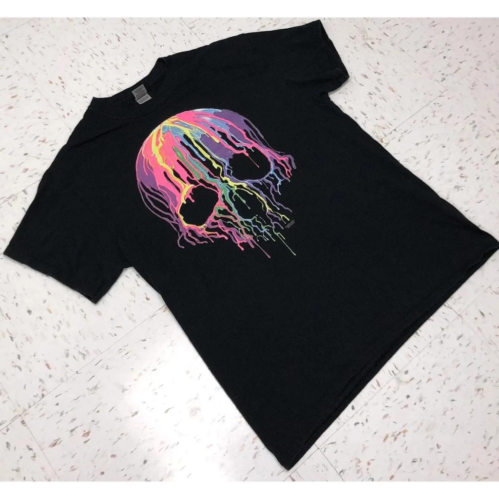 Rare Melting Skull Biker Motorcycle Gothic Unisexs Cotton T Shirt Top Neon Vintage Stretched Homme Casual Unisex Breathable